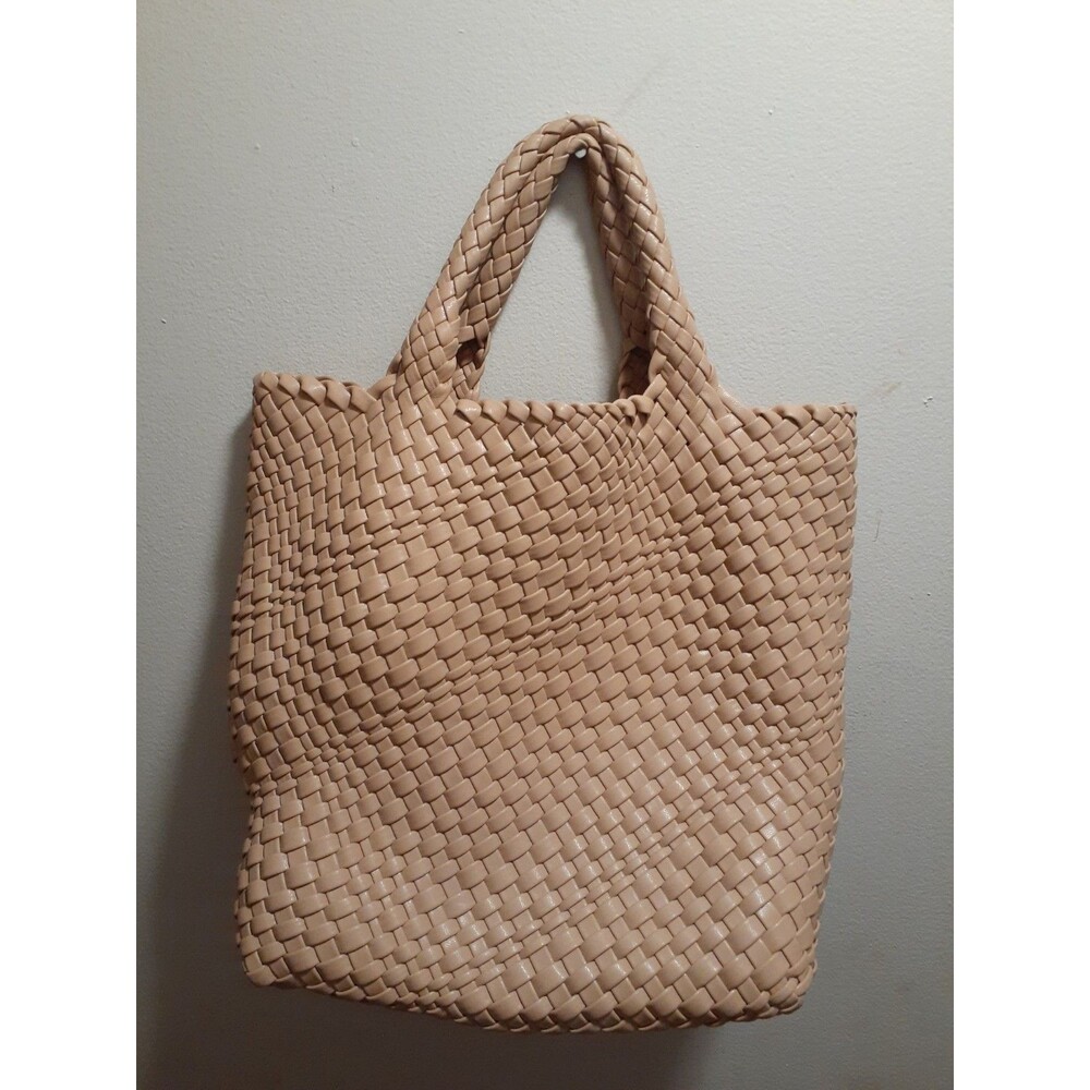 Women’s Beige Woven Tote Bag, Open Top, Braided, Double Handles